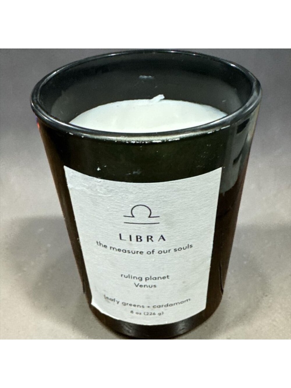 Libra Zodiac-Themed Candle With Leafy Greens & Cardamom Scent 8 Oz Black Glass J